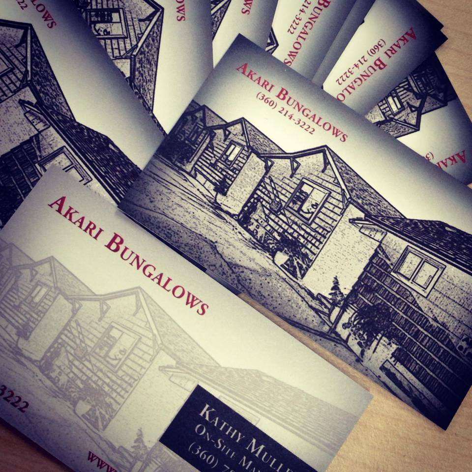 Great new cards just in for Kathy at Akari Bungalows. Love the updated look and texture of the recycled paper. Call us when you are ready to update your business cards 360-642-4431